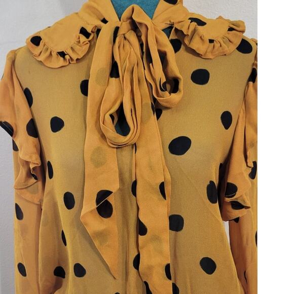 Farm Rio Blouse Womens X-Small Polka Dot Top Yellow & Black Preppy Glam Modern - Picture 3 of 8